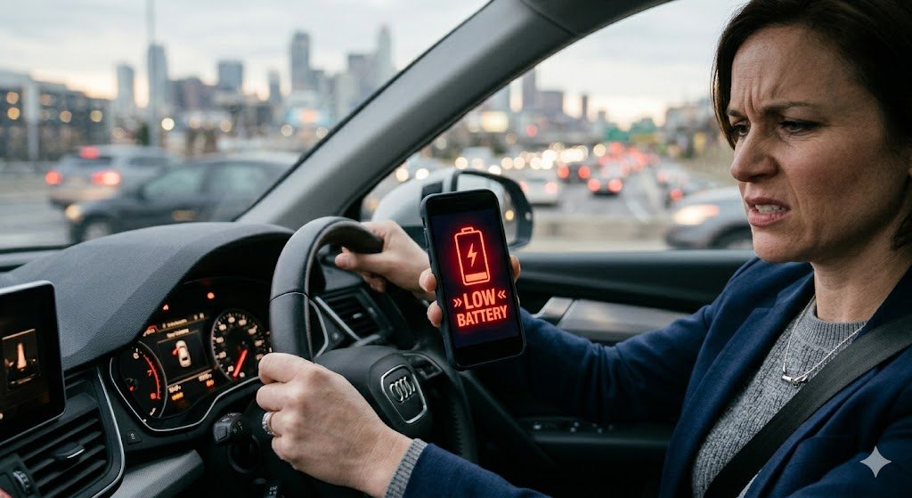 A person holding a smartphone with low battery while driving, symbolizing Root telematics app frustration.